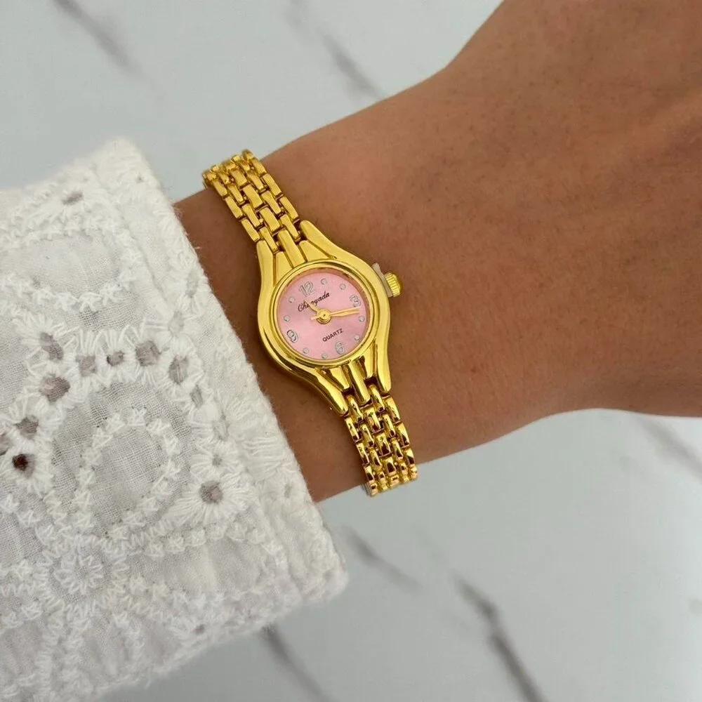 Sku:0364 vintage style mini gold pink women watch bracelet‎ + in a gift box